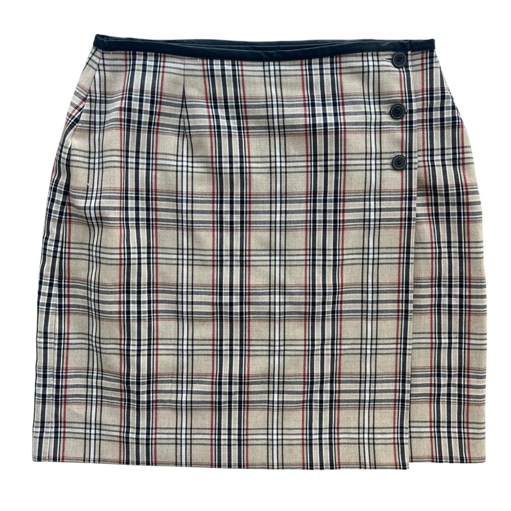 Emma James Womens Sz 12 Black Tan Plaid Button Wrap Pencil Skirt Preppy EJMU0469